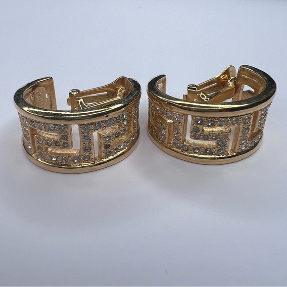 SOLD Versace Gianni Versace Vintage Large Greek key Hoop clip on earrings - Picture 2 of 9